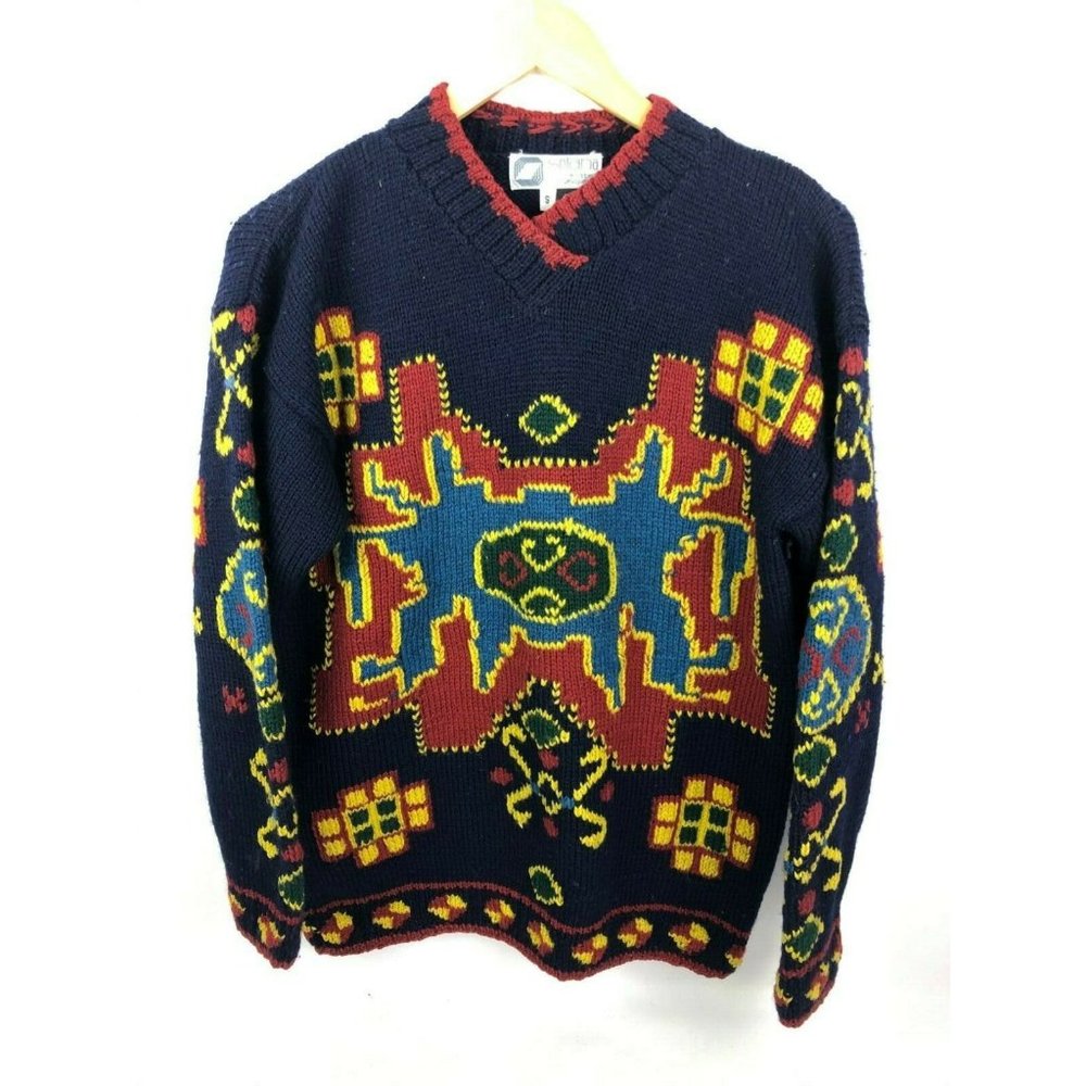 Solana Hand Knitted Wool Sweater Mens Small Aztec